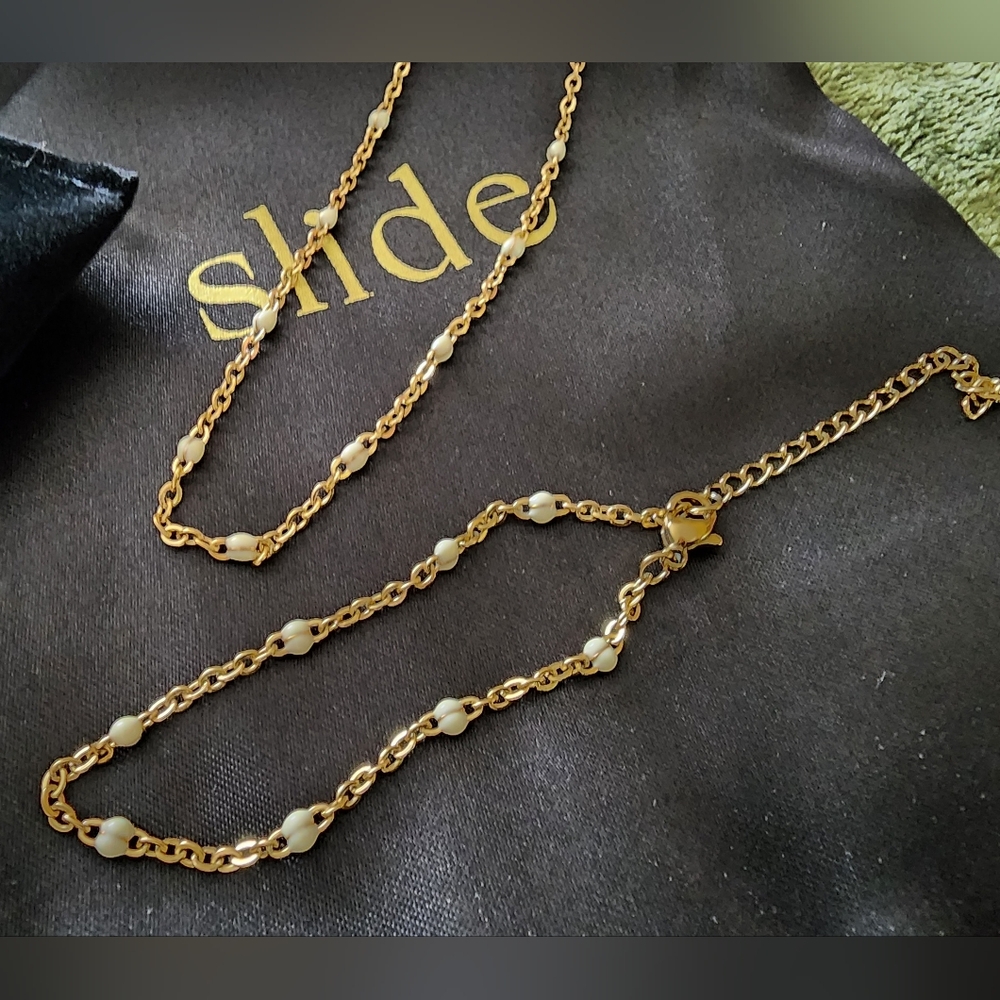 Slide Jewelry Stainless Steel Necklace Bracelet Set With Pearl Stations. NIB